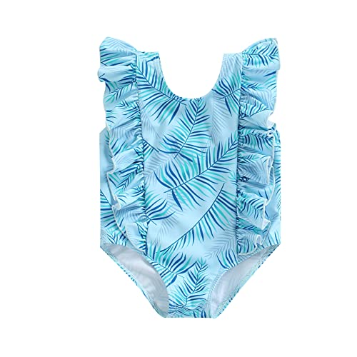 Geagodelia Einteiliger Badeanzug für Mädchen, U-Ausschnitt, Rüschen, ärmellose Blätter, bedruckter Bodysuit, Strandkleidung (Blau, 1-2J) von Geagodelia