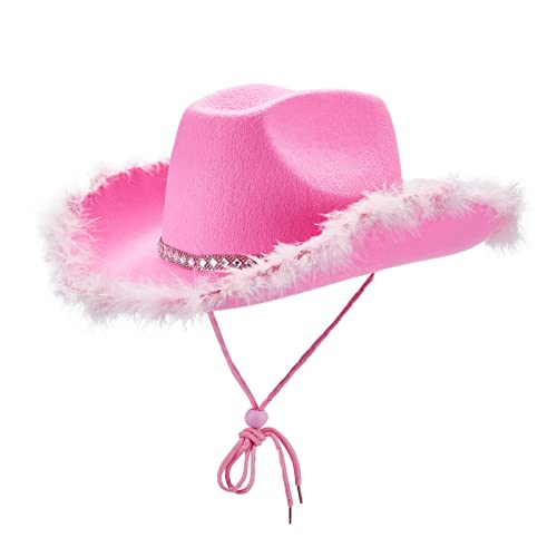 Geagodelia Filz Cowboyhut Damen Flauschig mit Federn Krempe Tiara Cowgirl Kostüm Hut Erwachsene Halloween Kostüme Hut Karneval Partyhut (Pink B, Einheitsgröße ) von Geagodelia