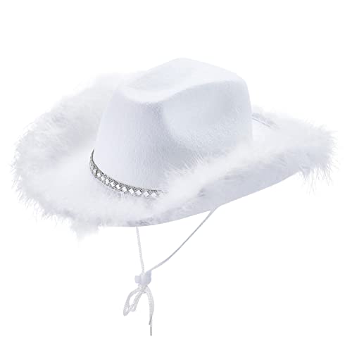 Geagodelia Filz Cowboyhut Damen Flauschig mit Federn Krempe Tiara Cowgirl Kostüm Hut Erwachsene Halloween Kostüme Hut Karneval Partyhut (Weiß B, Einheitsgröße ) von Geagodelia