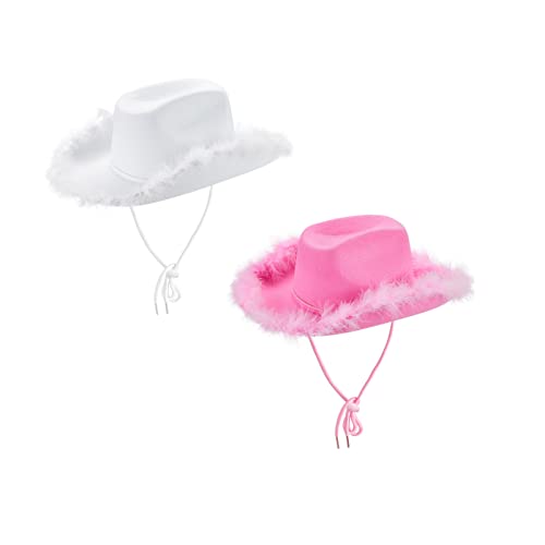 Geagodelia Filz Cowboyhut Damen Flauschig mit Federn Krempe Tiara Cowgirl Kostüm Hut Erwachsene Halloween Kostüme Hut Karneval Partyhut (Weiß&Pink, Einheitsgröße) von Geagodelia