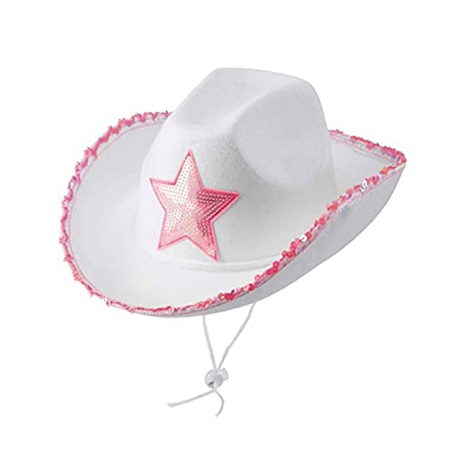 Geagodelia Filz Cowboyhut Damen Flauschig mit Federn Krempe Tiara Cowgirl Kostüm Hut Erwachsene Halloween Kostüme Karneval Partyhut (Paillettenstern Weiß, Einheitsgröße) von Geagodelia