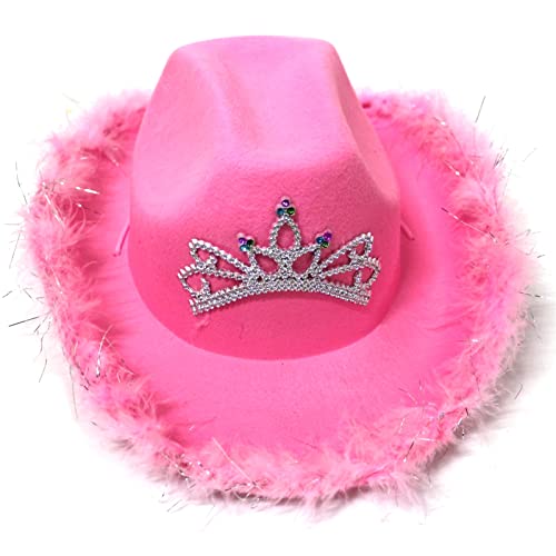 Geagodelia Filz Cowboyhut Damen Flauschig mit Federn Krempe Tiara Cowgirl Kostüm Hut Erwachsene Halloween Kostüme Karneval Partyhut (Tiara Pink mit Federn, Einheitsgröße) von Geagodelia