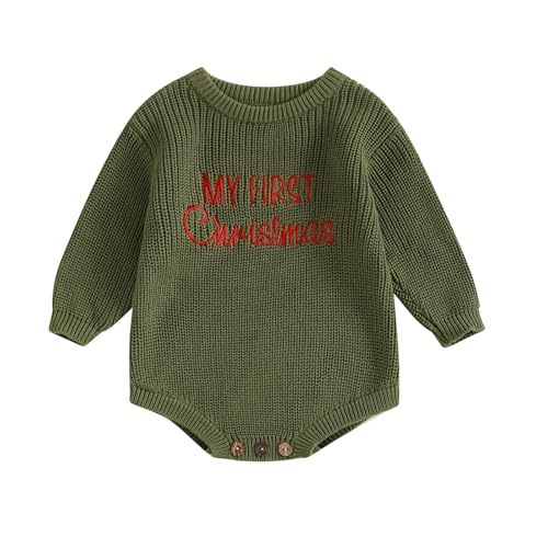 Geagodelia Gestrickt Weihnachtsstrampler Baby Mädchen Junge Weihnachtspullover Mein Erstes Weihnachten Neugeborene Baby Pullover Strampler Body Weihnachtspulli (My First Christmas Grün, 6-9 Monate) von Geagodelia