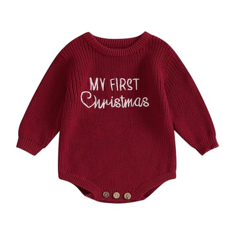 Geagodelia Gestrickt Weihnachtsstrampler Baby Mädchen Junge Weihnachtspullover Mein Erstes Weihnachten Neugeborene Baby Pullover Strampler Body Weihnachtspulli (My First Christmas Rot, 6-9 Monate) von Geagodelia