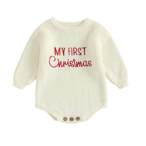 Geagodelia Gestrickt Weihnachtsstrampler Baby Mädchen Junge Weihnachtspullover Mein Erstes Weihnachten Neugeborene Baby Pullover Strampler Body Weihnachtspulli (My First Christmas Weiß, 0-3 Monate) von Geagodelia