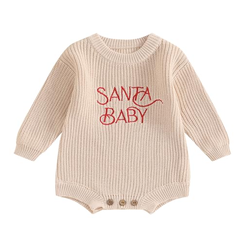Geagodelia Gestrickt Weihnachtsstrampler Baby Mädchen Junge Weihnachtspullover Mein Erstes Weihnachten Neugeborene Baby Pullover Strampler Body Weihnachtspulli (Santa Baby Beige, 0-3 Monate) von Geagodelia