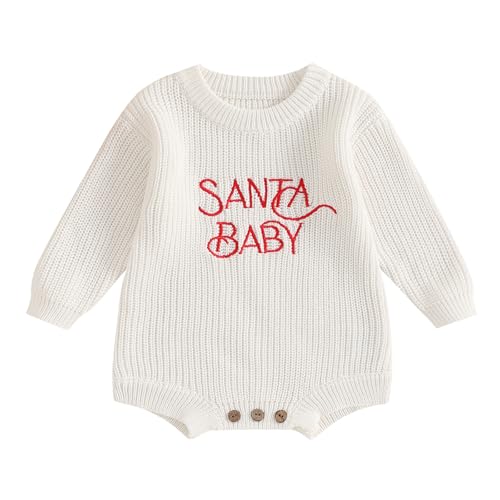 Geagodelia Gestrickt Weihnachtsstrampler Baby Mädchen Junge Weihnachtspullover Mein Erstes Weihnachten Neugeborene Baby Pullover Strampler Body Weihnachtspulli (Santa Baby Weiß, 0-3 Monate) von Geagodelia