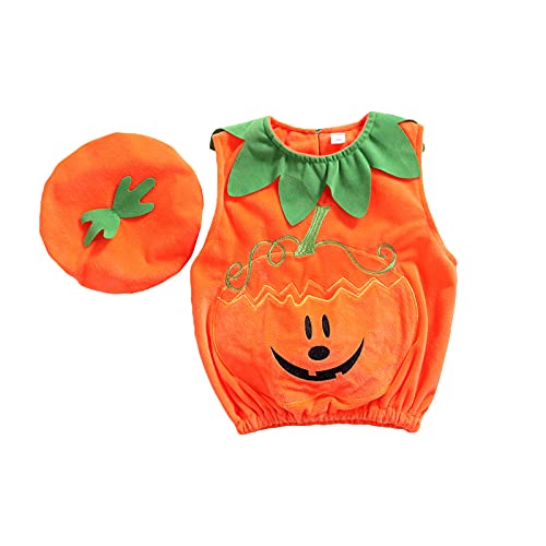 Geagodelia Halloween Baby Kleidung Jungen Mädchen Kürbis Strampler Ärmellos/Langarm Body Overall + Mütze Babykleidung Set Kürbis Oberteile Top Outfit (Orange B, 0-3 Monate) von Geagodelia