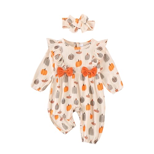 Geagodelia Halloween Strampler Neugeborene Baby Mädchen Kürbis Druck Langarm Einteiler Baby Halloween Outfit Baumwolle Musselin Kleidung für Baby Mädchen (Aprikose, 6-12 Months) von Geagodelia