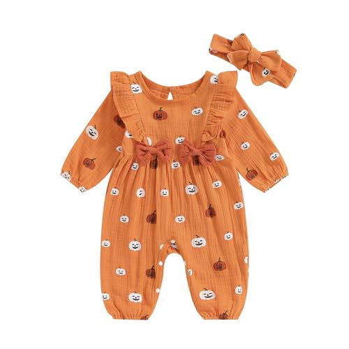 Geagodelia Halloween Strampler Neugeborene Baby Mädchen Kürbis Druck Langarm Einteiler Baby Halloween Outfit Baumwolle Musselin Kleidung für Baby Mädchen (Orange, 6-12 Months) von Geagodelia