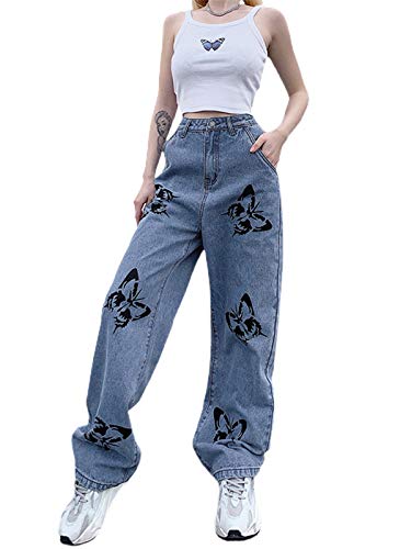Geagodelia Damen Baggy Jeans Boyfriend Jeans Jeanshose Denim Jeggings Hose Mom Jeans Y2K Aesthetic Clothes Skims Dupes (D - Blau High Waist, S) von Geagodelia