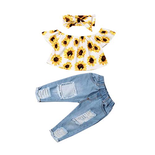 Geagodelia Kinder-Kleidungs-Set für Kleinkinder, Mädchen, 3-teilig, Sommer-Outfit mit Sonnenblumen-Motiv, schulterfrei, Top, Jeans, Stirnband Gr. 6-12 Monate, Weiß+Blau von Geagodelia