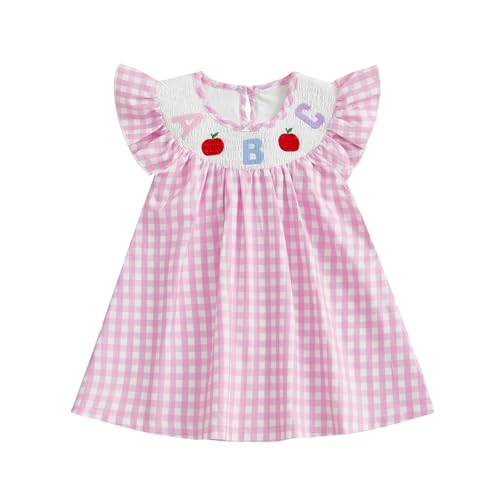 Geagodelia Kinder Mädchen Einschulung Kleider Ärmellos Gesmokt Sommerkleid Mein Erster Schultag Outfit Schulkleider zum Schulanfang Baby Kindergarten Kleidung (Kariert Rosa, 2-3 Years) von Geagodelia