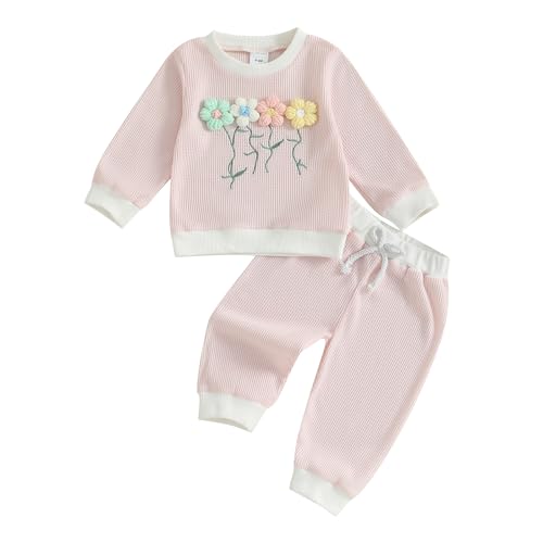 Kinder Neugeborene Baby Mädchen Kleidung Set Winter Babykleidung 3D Gestrickt Blumen Muster Langarm Sweatshirt Oberteil und Hose Bekleidungssets (Waffelstrick Einfarbig Hellrosa, 0-6 Monate) von Geagodelia