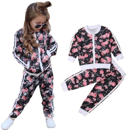 Geagodelia Kinder-Set für Mädchen, lässig, Sweatshirt mit langen Ärmeln, Hose mit Blumenmuster, Schwarz 2-3 Jahre von Geagodelia