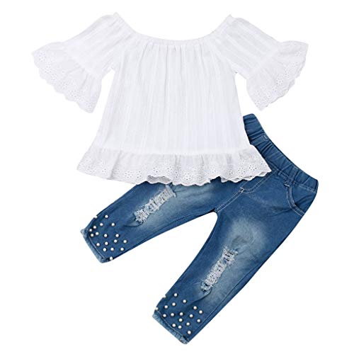 Geagodelia Kinderkleidung Babykleidung Set Kinder Baby Mädchen Kleidung Outfit Spitze Bluse Top + Jeans Hose Kleinkinder Weiche Babyset C-10891 (Weiß & Blau 924, 2-3 Jahre) von Geagodelia