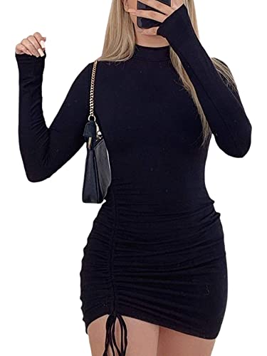 Geagodelia Kleid Damen sexy eng anliegendes Minikleid, langärmliges Stehkragen einfarbiges Kordelzug Faltenkleid, (schwarz, L) von Geagodelia