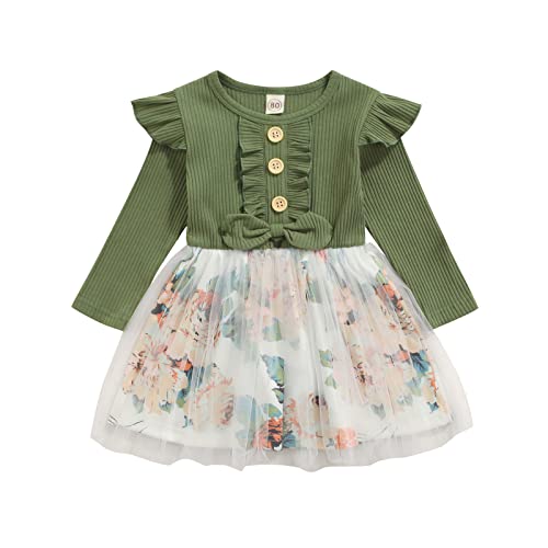Geagodelia Kleinkind Säugling Kind Kleid Kleid Kleidung Outfit Langarm Tüll Tutu Plissee Rüschen Rüschen Casual Sommerkleid, grün, 86 von Geagodelia