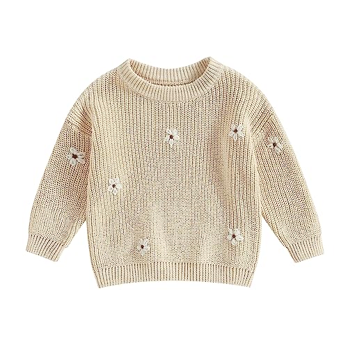 Geagodelia Kleinkinder Baby Oversized Pullover Mädchen Jungen Grobmaschig Strickpullover Herbst Winter Warm Gestrickt Pulli Oberteil Knitted Jumper Sweater (Blumen Beige, 12-18 Monate) von Geagodelia