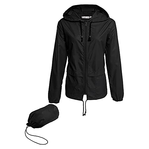 Geagodelia Leichte Regenjacke Damen Wasserdicht Atmungsaktiv Windbreaker Damen Regenjacke Faltbar Fahrradjacke Damen Kapuzenjacke Damen Jacke Herbst (Schwarz B, M) von Geagodelia