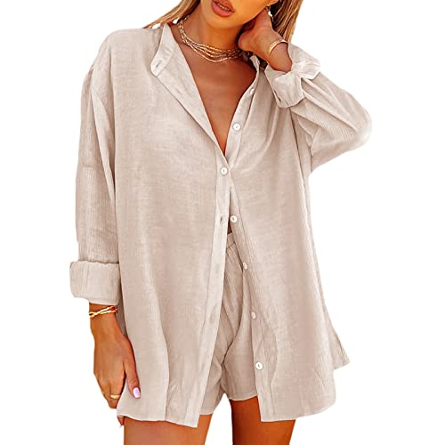 Geagodelia Leinen Zweiteiler Damen Sommer Shorts und Top Bluse Oberteil Set Kurz 2 Teilig Leinenanzug Elegant Outfits Loungewear Set für Strand (A 01- Beige, S) von Geagodelia