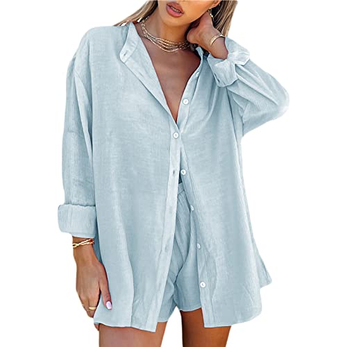 Geagodelia Leinen Zweiteiler Damen Sommer Shorts und Top Bluse Oberteil Set Kurz 2 Teilig Leinenanzug Elegant Outfits Loungewear Set für Strand (A 01- Hellblau, L) von Geagodelia