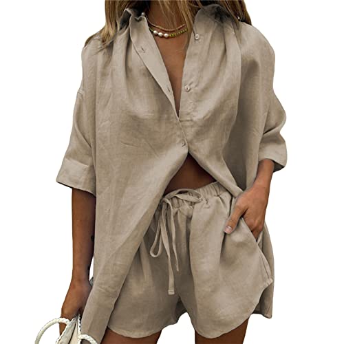 Leinen Zweiteiler Damen Sommer Shorts und Top Bluse Oberteil Set Kurz 2 Teilig Leinenanzug Elegant Outfits Loungewear Set für Strand (B 01- Khaki, S) von Geagodelia