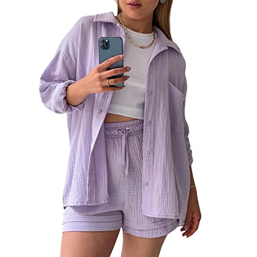 Geagodelia Leinen Zweiteiler Damen Sommer Shorts und Top Bluse Oberteil Set Kurz 2 Teilig Leinenanzug Elegant Outfits Loungewear Set für Strand (D 01- Helllila, L) von Geagodelia