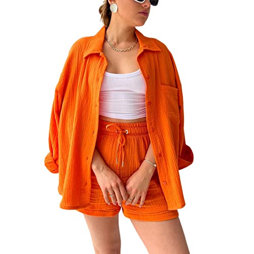 Geagodelia Leinen Zweiteiler Damen Sommer Shorts und Top Bluse Oberteil Set Kurz 2 Teilig Leinenanzug Elegant Outfits Loungewear Set für Strand (D 01- Orange, L) von Geagodelia