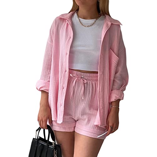 Geagodelia Leinen Zweiteiler Damen Sommer Shorts und Top Bluse Oberteil Set Kurz 2 Teilig Leinenanzug Elegant Outfits Loungewear Set für Strand (D 01- Pink, L) von Geagodelia