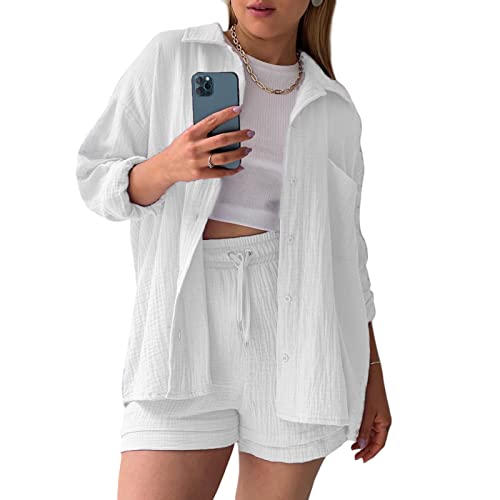 Geagodelia Leinen Zweiteiler Damen Sommer Shorts und Top Bluse Oberteil Set Kurz 2 Teilig Leinenanzug Elegant Outfits Loungewear Set für Strand (D 01- Weiß, S) von Geagodelia