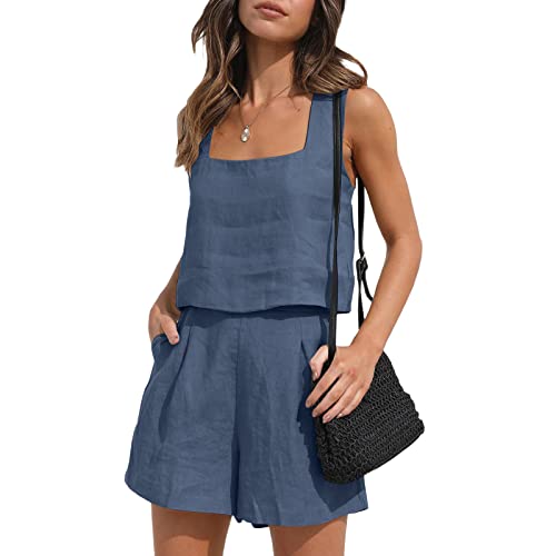 Geagodelia Leinen Zweiteiler Damen Sommer Shorts und Top Bluse Oberteil Set Kurz 2 Teilig Leinenanzug Elegant Outfits Loungewear Set für Strand (F 01- Navy, L) von Geagodelia