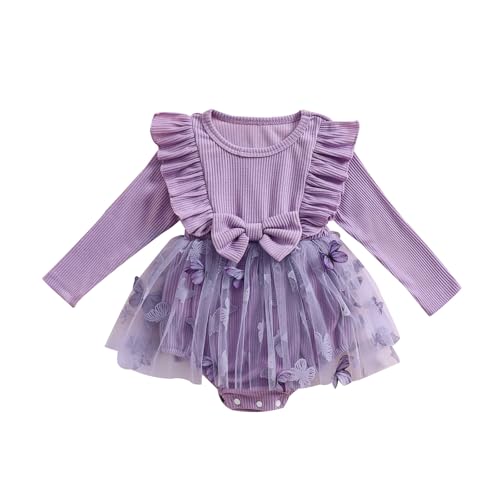 Geagodelia Mädchen 2 Stück Kleid Outfit Schmetterling Langarm Prinzessin Kleid und Stirnband Strampler Neugeborene für Party Taufe Zeremonie, Lila B, 6- 12 Monate von Geagodelia