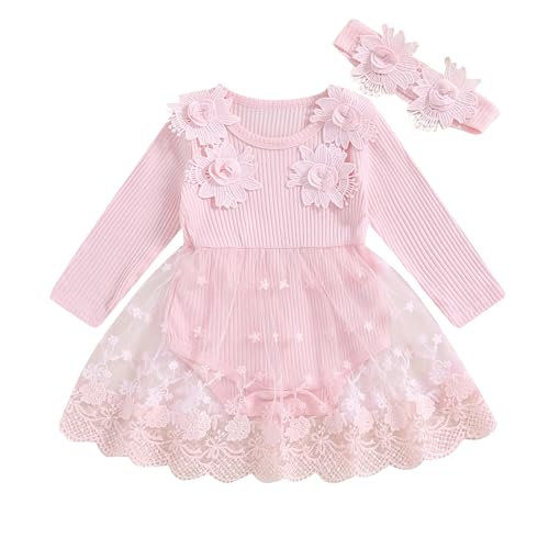 Geagodelia Mädchen 2 Stück Kleid Outfit Schmetterling Langarm Prinzessin Kleid und Stirnband Strampler Neugeborene für Party Taufe Zeremonie, Rosa A, 3-6 Monate von Geagodelia