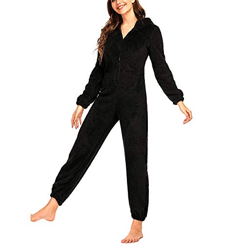Geagodelia Mom & Kids Family Matching Pyjamas Fluffy Fleece Pjs Onesie One Piece Hooded Jumpsuit Nachtwäsche für Frauen Damen Mädchen Jungen Gr. M, Schwarz von Geagodelia