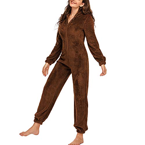 Geagodelia Mom & Kids Family Matching Pyjamas Fluffy Fleece Pjs Onesie One Piece Hooded Jumpsuit Nachtwäsche für Frauen Damen Mädchen Jungen Gr. S, braun von Geagodelia