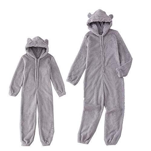 Geagodelia Mom & Kids Family Matching Pyjamas Fluffy Fleece Pjs Onesie One Piece Hooded Jumpsuit Nachtwäsche für Frauen Damen Mädchen Jungen Gr. S, grau von Geagodelia