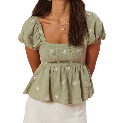 Geagodelia Musselin Bluse Damen Kurzarm Sommer Elegant Peplum Oberteil mit Blumenstickerei Puffärmel Quadratischer Ausschnitt Gesmokt Babydoll Top (Hellgrün, L) von Geagodelia