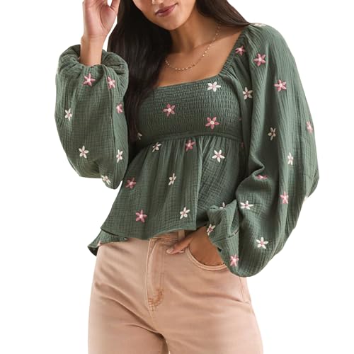 Geagodelia Musselin Bluse Damen Langarm Sommer Elegant Peplum Oberteil mit Blumenstickerei Puffärmel Quadratischer Ausschnitt Gesmokt Babydoll Top (Dunkelgrün, M) von Geagodelia