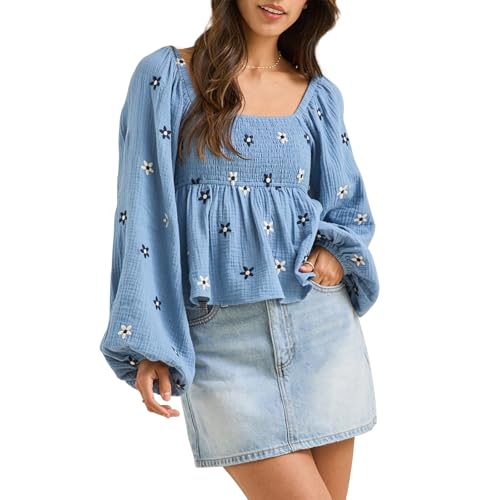 Geagodelia Musselin Bluse Damen Langarm Sommer Elegant Peplum Oberteil mit Blumenstickerei Puffärmel Quadratischer Ausschnitt Gesmokt Babydoll Top (Hellblau, M) von Geagodelia