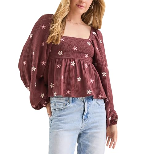 Geagodelia Musselin Bluse Damen Langarm Sommer Elegant Peplum Oberteil mit Blumenstickerei Puffärmel Quadratischer Ausschnitt Gesmokt Babydoll Top (Weinrot, S) von Geagodelia