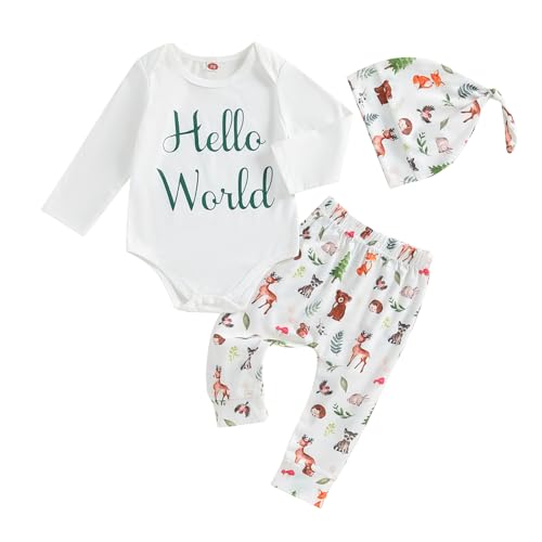 Geagodelia Neugeborene Baby Kleidung Set Junge Hello World Langarm Body und Hose Bekleidungssets für Baby Jungen Babykleidung Set Herbst Winter Outfits mit Mütze (Grün, 0-3 Monate) von Geagodelia