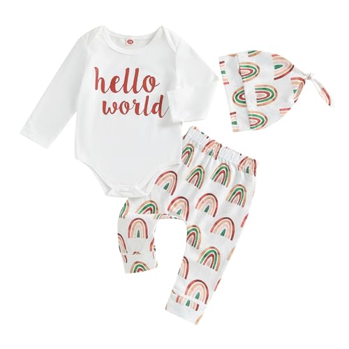 Geagodelia Neugeborene Baby Kleidung Set Junge Hello World Langarm Body und Hose Bekleidungssets für Baby Jungen Babykleidung Set Herbst Winter Outfits mit Mütze (Rot, 0-3 Monate) von Geagodelia