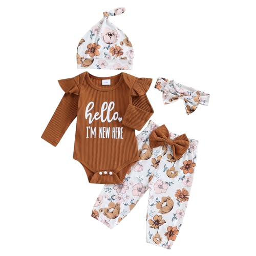 Geagodelia Neugeborene Baby Mädchen Kleidung Set Langarm Body Blumen Hose Mütze Stirnband Baby Outfit (Braun, 0-3 Months) von Geagodelia