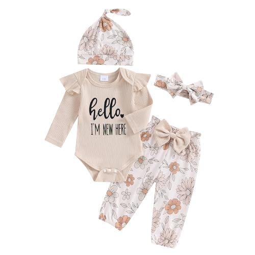 Geagodelia Neugeborene Baby Mädchen Kleidung Set Langarm Body Blumen Hose Mütze Stirnband Baby Outfit (Khaki, Newborn) von Geagodelia