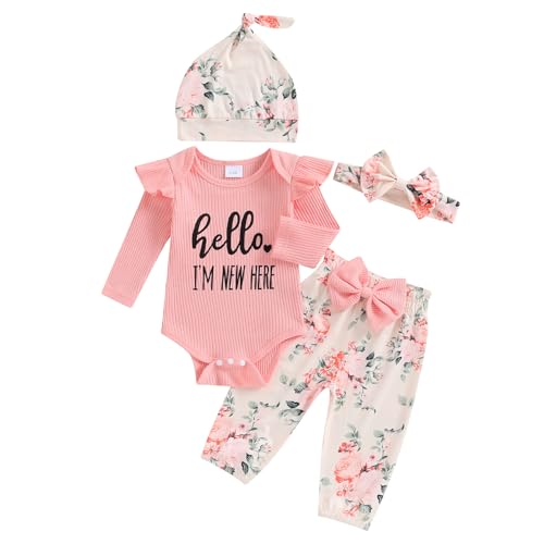 Geagodelia Neugeborene Baby Mädchen Kleidung Set Langarm Body Blumen Hose Mütze Stirnband Baby Outfit (Pink, 0-3 Months) von Geagodelia