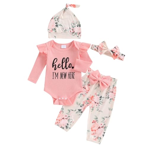 Geagodelia Neugeborene Baby Mädchen Kleidung Set Langarm Body Blumen Hose Mütze Stirnband Baby Outfit (Pink, 0-3 Months) von Geagodelia