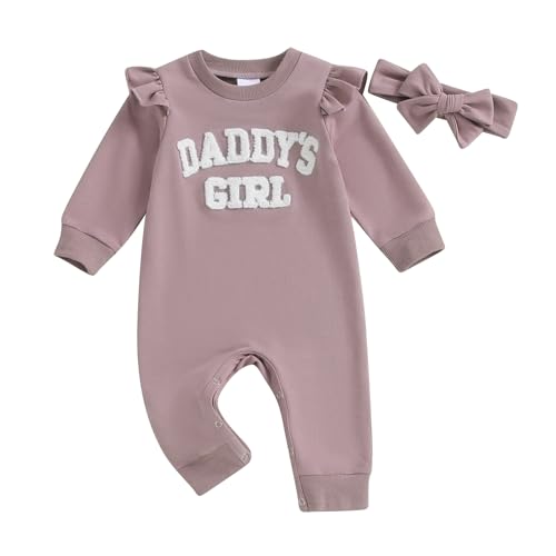 Geagodelia Neugeborene Baby Mädchen Vatertag Outfit Rüschen Langarm Strampler ohne Füße Baby Baumwolle Sommer Kleidung mit Stirnband (Daddys Girl Lila, 3-6 Monate) von Geagodelia