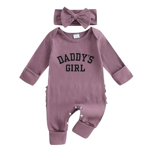 Geagodelia Neugeborene Baby Mädchen Vatertag Strampler mit Fäustlingen und Rüschen Langarm Mein Erster Vatertag Baby Outfit Baumwolle Sommer Kleidung (Daddys Girl Lila, 0-3 Monate) von Geagodelia