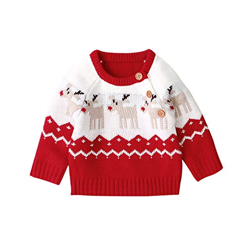 Geagodelia Neugeborenes Baby Junge Mädchen gestrickt Pullover Hirsch Muster Weihnachten Pullover Warm Winter Sweater Weihnachten Pullover (A Rot Pullpver, 0-3 Monate,70) von Geagodelia